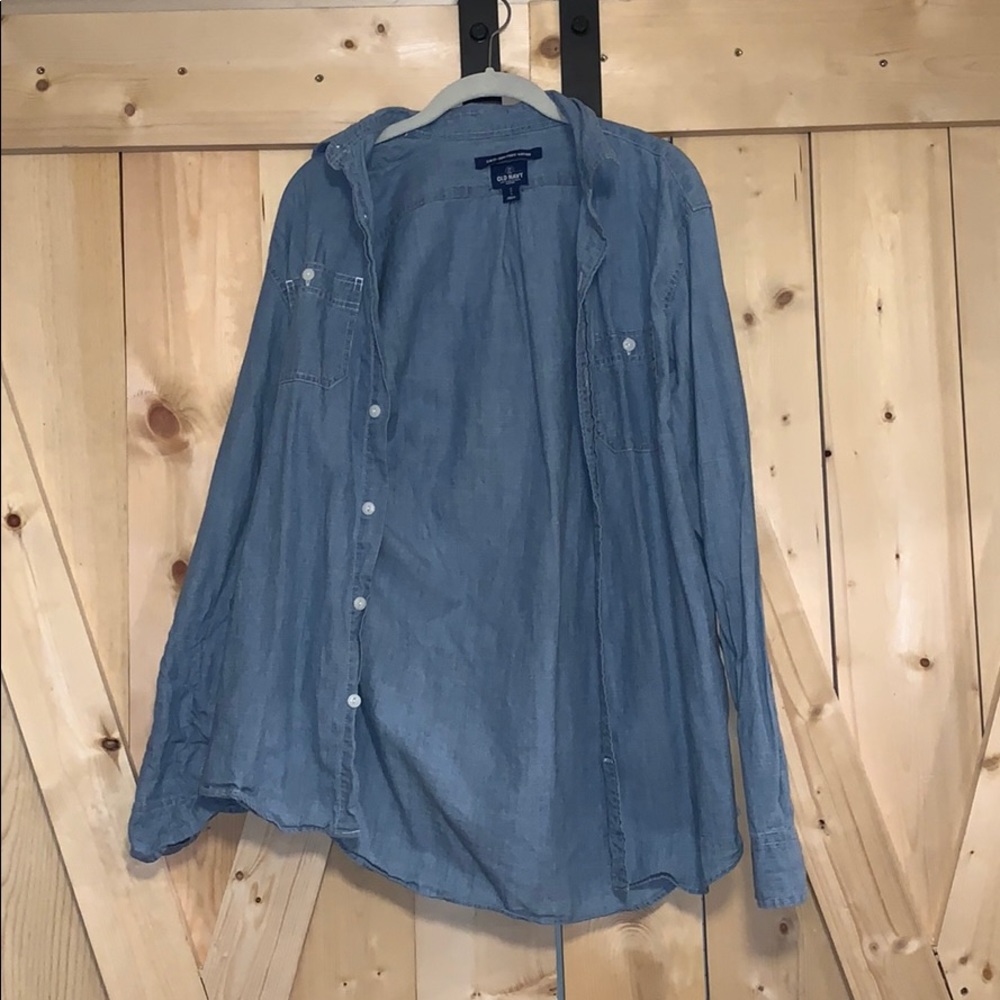 Denim button down.
